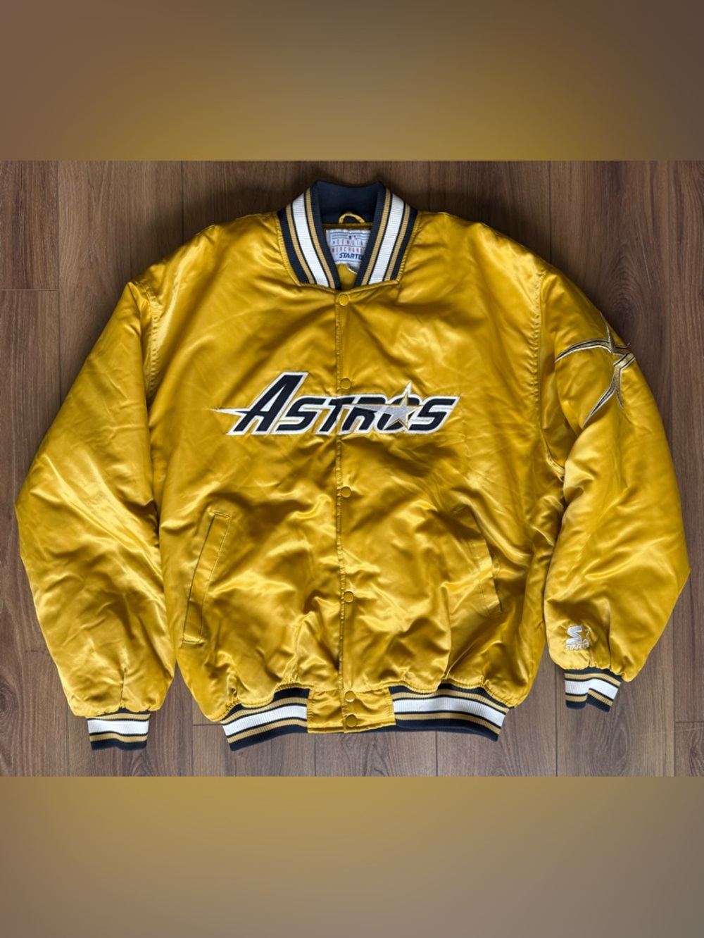 Vintage 90s Houston Astros Starter Satin Bomber Jacket Men’s Size 2XL Gold Rare